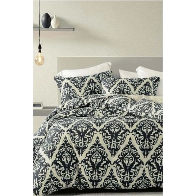 Černo-béžové 4dílné prodloužené povlečení na dvoulůžko s prostěradlem z bavlny Renforcé 200x220 cm Damask – Mila Home