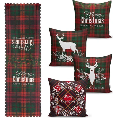 Sada 4 vánočních povlaků na polštář a běhounu na stůl Minimalist Cushion Covers Tartan Christmas