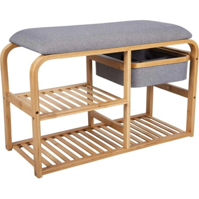 Bambusový botník s šedým polstrováním Leitmotiv Bench, šířka 70 cm