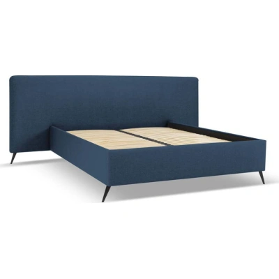 Tmavě modrá čalouněná dvoulůžková postel s úložným prostorem a roštem 180x200 cm Walter – Milo Casa