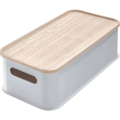 Šedý úložný box s víkem ze dřeva paulownia iDesign Eco Handled, 21,3 x 43 cm