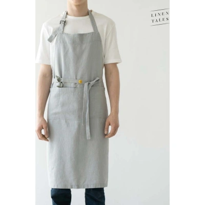 Světle šedá lněná zástěra Linen Tales Chef, délka 100 cm