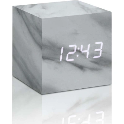 Šedý budík v mramorovém dekoru s bílým LED displejem Gingko Cube Click Clock