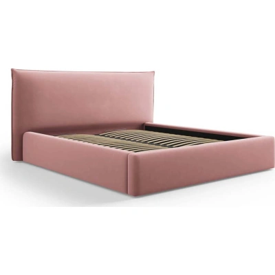 Růžová čalouněná dvoulůžková postel s úložným prostorem s roštem 160x200 cm Elio – Milo Casa